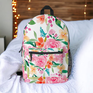 Bohemian girly pink orange floral watercolor printed backpack