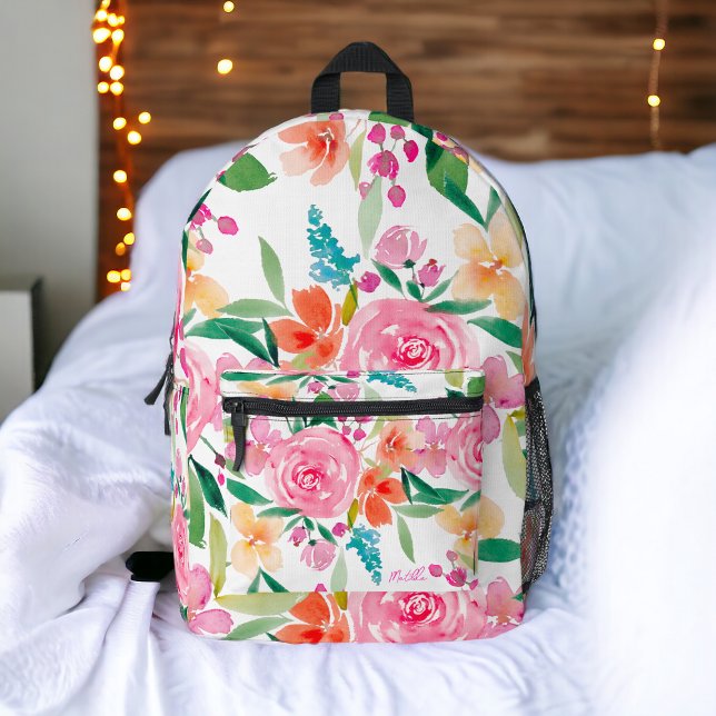 Bohemian girly pink orange floral watercolor printed backpack (Bohemian girly pink orange floral watercolor printed backpack)