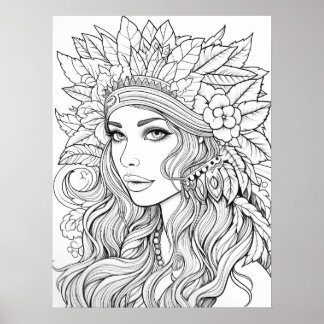 Bohemian Goddess Line Art Illustration  Poster