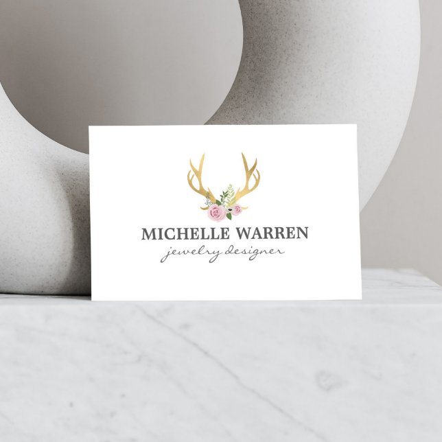 Bohemian Gold Antlers with Flowers Business Card (Creator Uploaded)