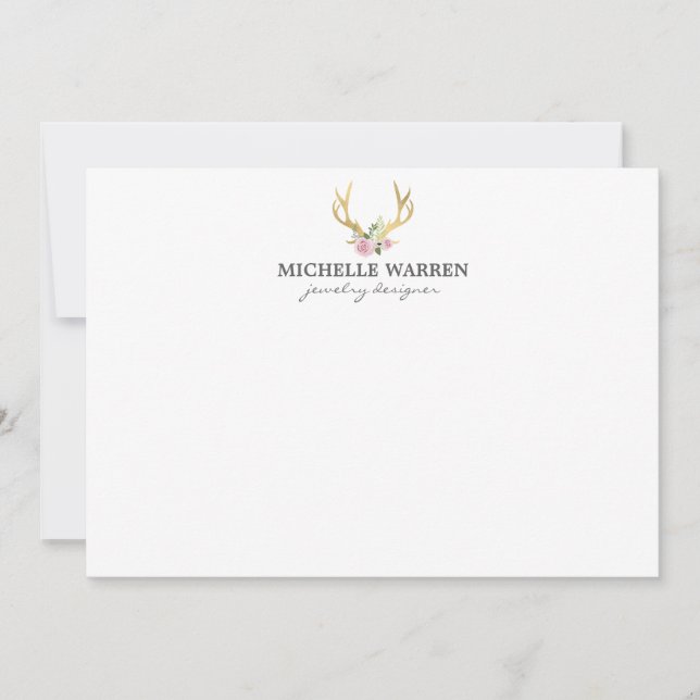 Bohemian Gold Antlers with Flowers Flat Notecard (Front)
