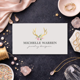 Bohemian Gold Antlers with Flowers II Business Card