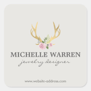 Bohemian Gold Antlers with Flowers II Personlized Square Sticker