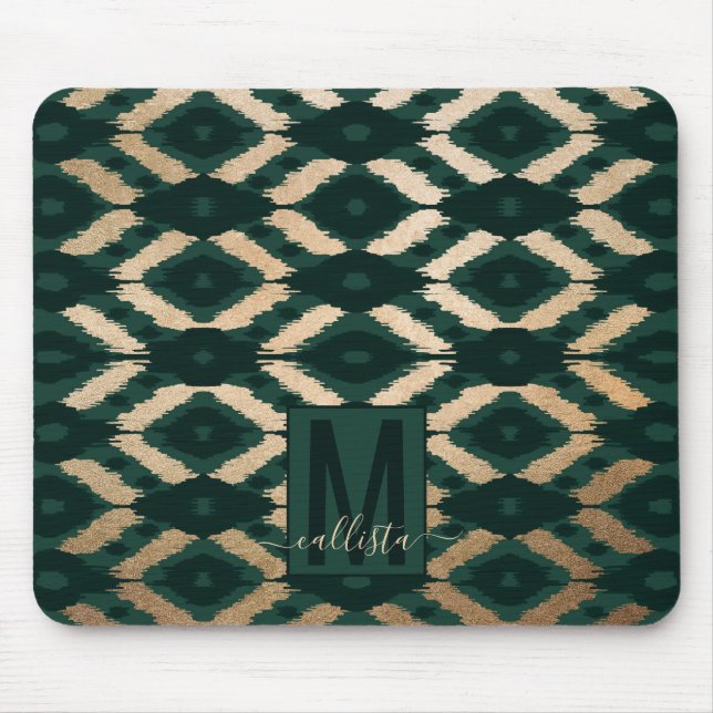 Bohemian Gold Forest Green Ikat Pattern Mouse Pad (Front)