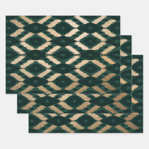 Bohemian Gold Forest Green Ikat Pattern Wrapping Paper Sheet