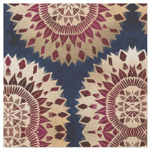Bohemian Gold Navy Burgundy Hand Drawn Mandala Fabric