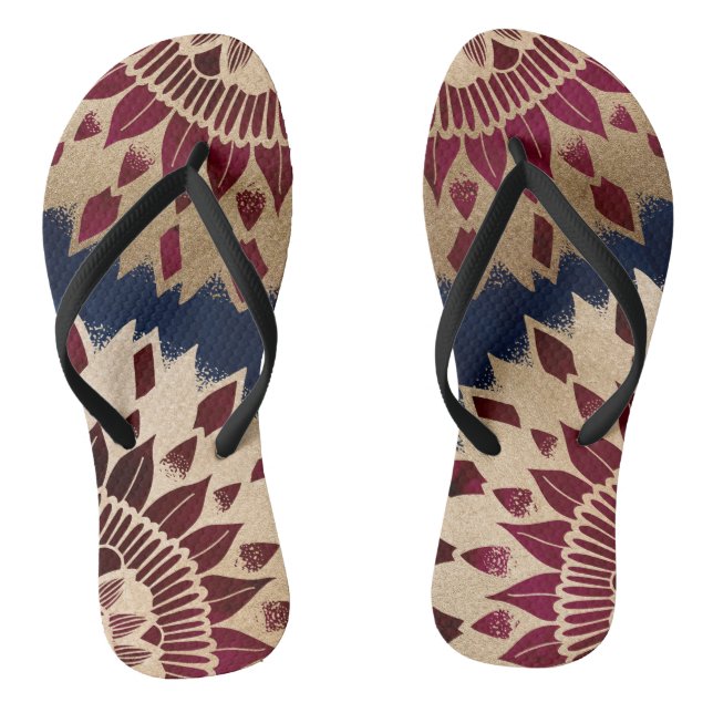 Bohemian Gold Navy Burgundy Hand Drawn Mandala Jandals (Footbed)