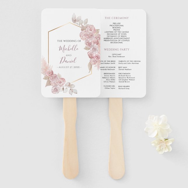 Bohemian Gold Pink Floral Wedding  Hand Fan (Front and Back)