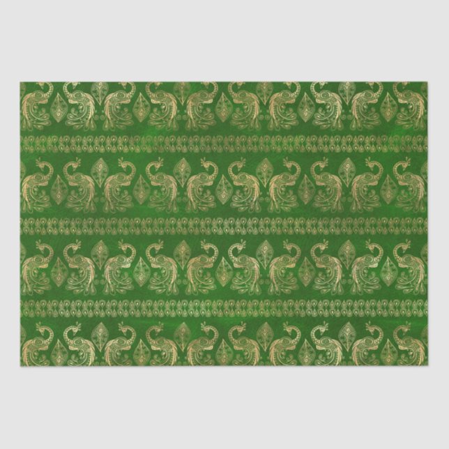 Bohemian Green and Gold Foil Peacok Pattern  Tissue Paper (Front)