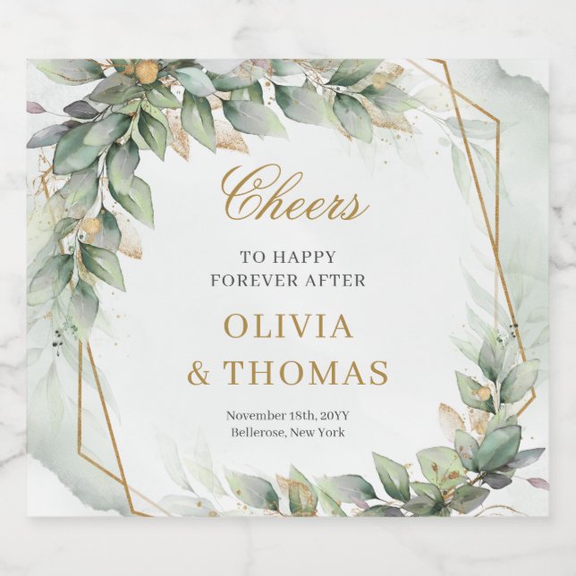 Bohemian green eucalyptus and gold wedding sparkling wine label (Single Label)