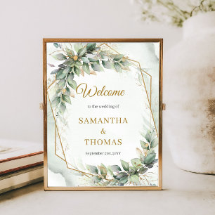 Bohemian green eucalyptus and gold wedding welcome poster