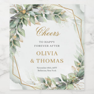 Bohemian green eucalyptus and gold wedding wine label