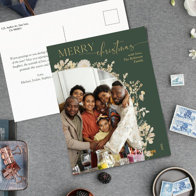 Bohemian Green Gold Script Photo Christmas  Postcard (Creator Uploaded)
