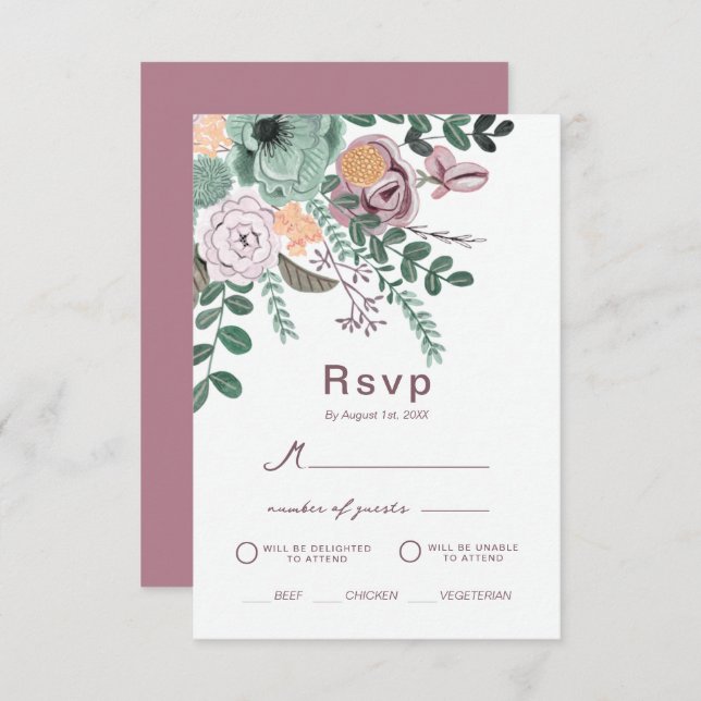 Bohemian Green & Mauve Chic Floral Flowers reply Invitation (Front/Back)