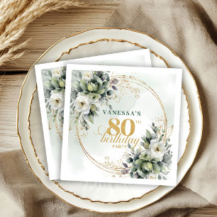 Bohemian Greenery Gold 80th Birthday Party Napkins