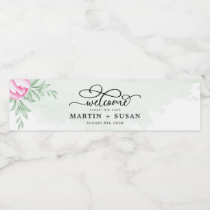 Bohemian Greenery Pink Flowers Gold Modern Wedding Water Bottle Label
