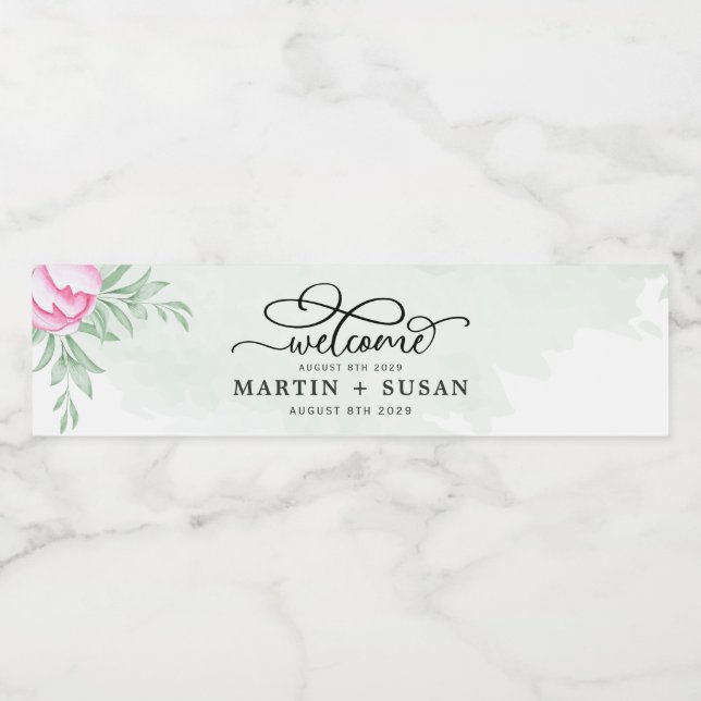 Bohemian Greenery Pink Flowers Gold Modern Wedding Water Bottle Label (Single Label)