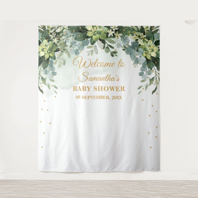 Bohemian greenery succulent baby shower backdrop tapestry (Front)