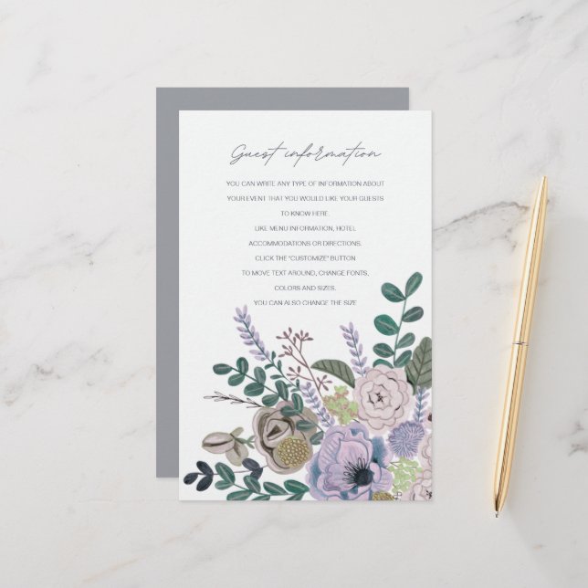Bohemian grey & lavender Flowers Guest Information (Front/Back In Situ)