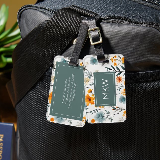 Bohemian Grey, Sage & Gold Floral Monogram Luggage Tag (Creator Uploaded)