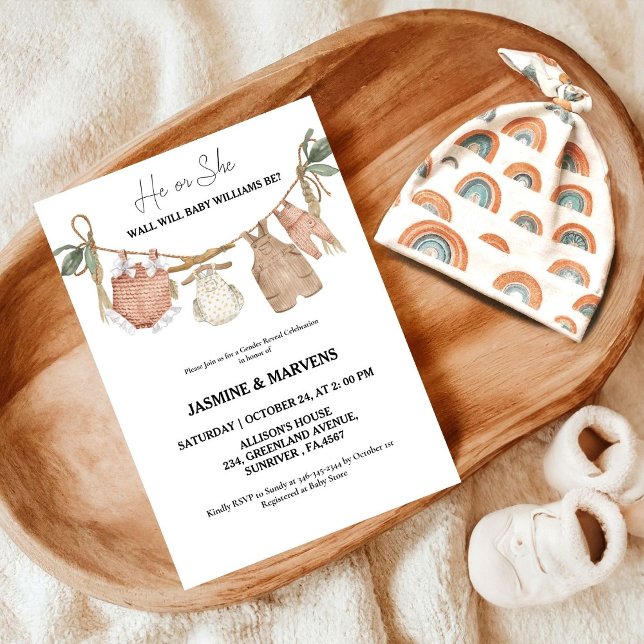 Bohemian he or She Baby Clothes gender reveal   Invitation (Creator Uploaded)
