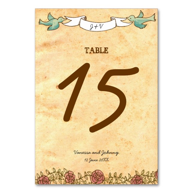 Bohemian Heart, Roses, Birds, & Banner Wedding Table Number (Front)