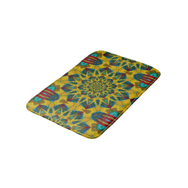   Bohemian Hippie Blue Yellow Floral Ethnic Tribal Bath Mat (Angled)
