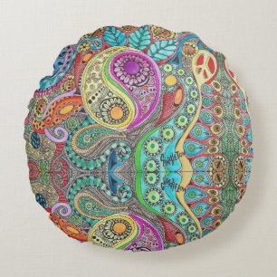 Bohemian Hippy Round Cushion with Mandala Design