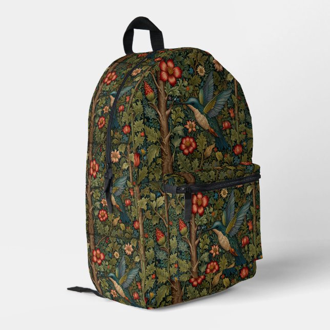 Bohemian hummingbird art boho chic botanical printed backpack (Back Corner Left)