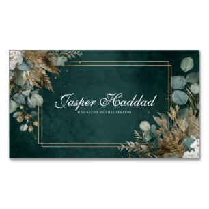 Bohemian Hunter Green Gold Botanical Frame Magnetic Business Card