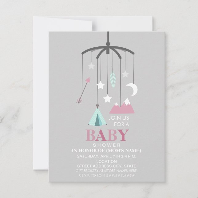 Bohemian Inspired Mobile Girl Modern Baby Shower Invitation (Front)