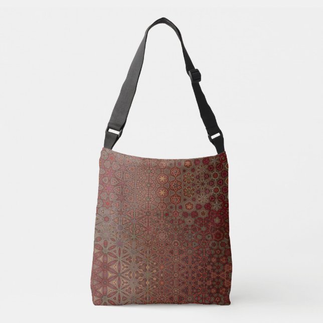 Bohemian Kitsch Rust Brown Floral Print Pattern Crossbody Bag (Front)