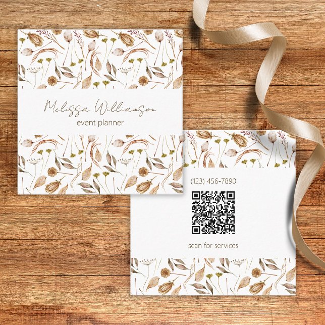 Bohemian Leaves with QR Code  Square Business Card (Creator Uploaded)