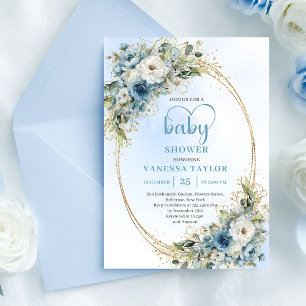 Bohemian Light Blue Floral Eucalyptus Gold Shower  Invitation