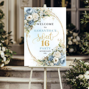Bohemian Light Blue Flowers Sweet 16 Poster