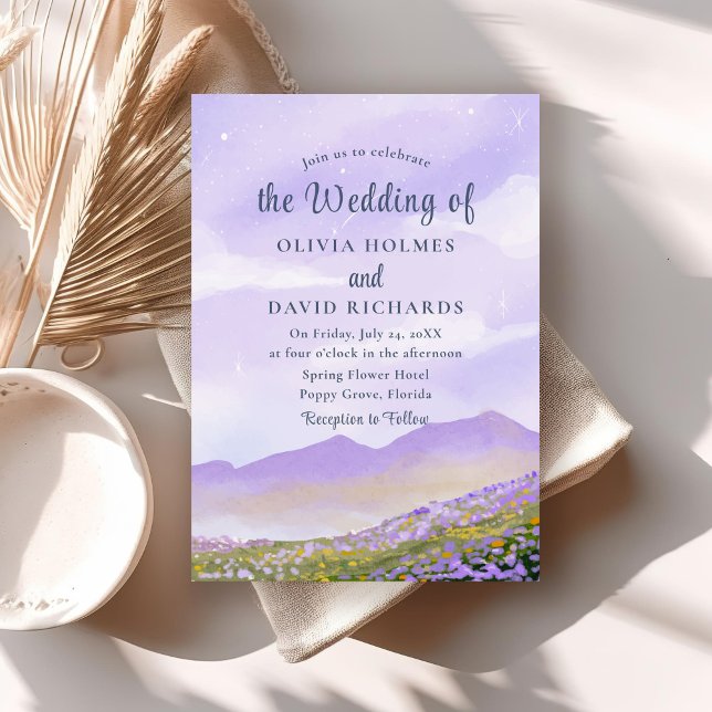 Bohemian Lilac Night Landscape Wedding Invitation (Bohemian Lilac Night Landscape Wedding Invitation on neutral boho wedding table.)