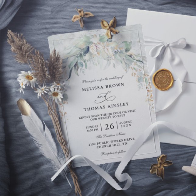 Bohemian Lush Greenery Budget QR Code Wedding Invitation (Creator Uploaded)