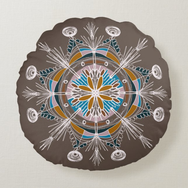 Bohemian Mandala Hand Drawn Colourful Round Pillow (Front)