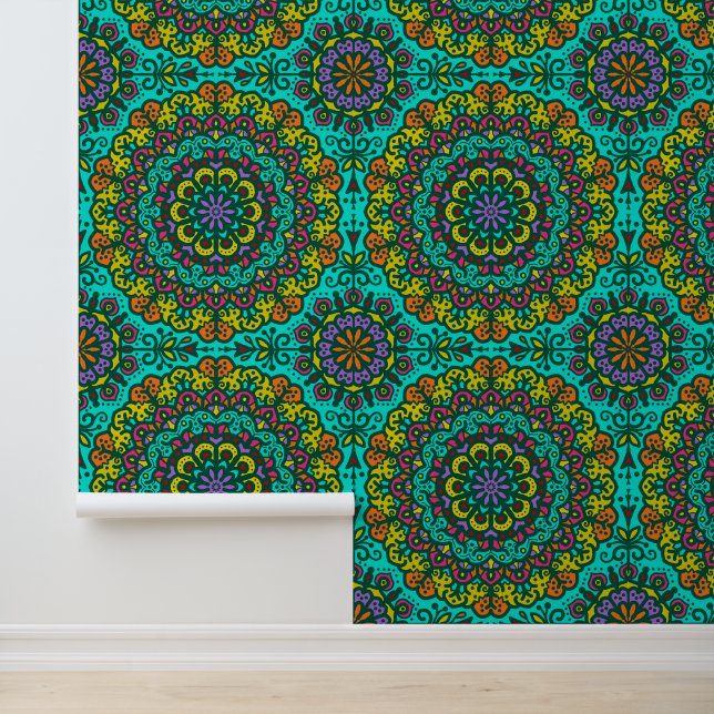Bohemian Mandala Jewel Tone Hand Drawn Floral Lace Wallpaper (Application)