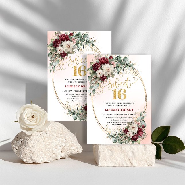 Bohemian Maroon Floral Sweet 16 Birthday Invites (Bohemian Maroon Floral Sweet 16 Birthday Invitation)