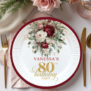 Bohemian Marsala Floral Gold 80th Birthday Paper   Plate