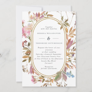 Bohemian Mauve Wildflower Pill Shape Frame Wedding Invitation