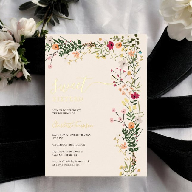 Bohemian meadow wild flowers spring sweet 16 (Bohemian meadow wild flowers spring sweet 16 foil invitation)