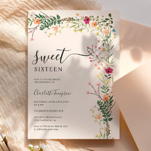 Bohemian meadow wild flowers spring sweet 16 invitation