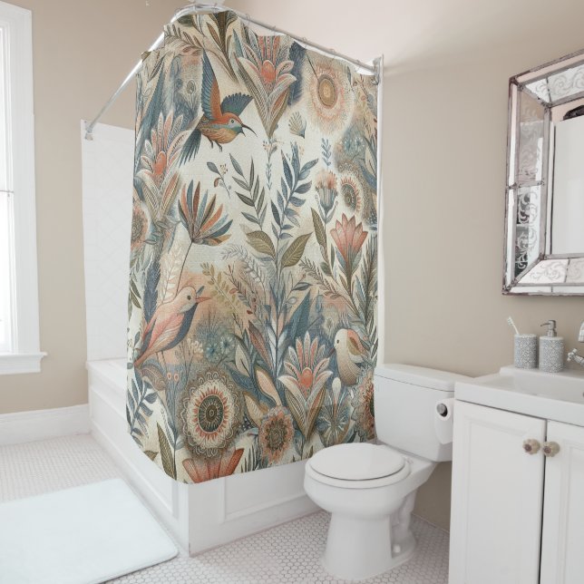 Bohemian mix of teal, magenta,purple flowers shower curtain (In Situ)