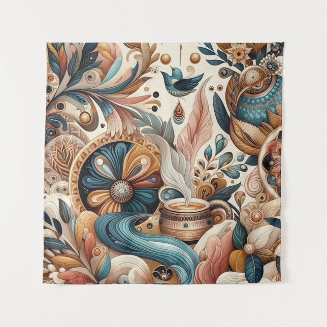 Bohemian mix of teal, magenta,purple flowers tapestry (Front)