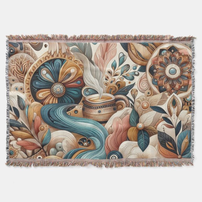 Bohemian mix of teal, magenta,purple flowers throw blanket (Front)