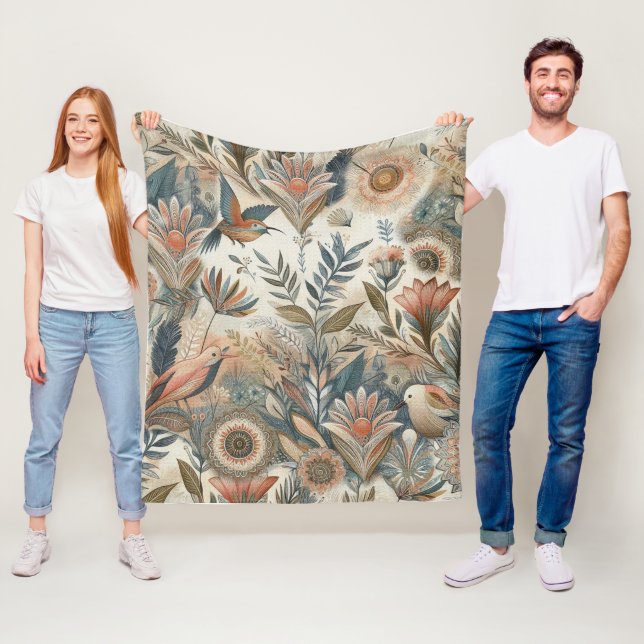 Bohemian mix of teal, magenta, purple on creams fleece blanket (In Situ)