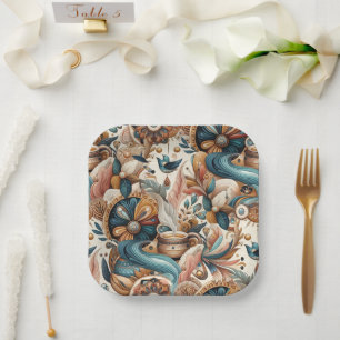 Bohemian mix of teal, magenta, purple on creams paper plate