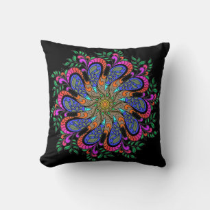 Bohemian Mod Floral Mandala on Black Cushion